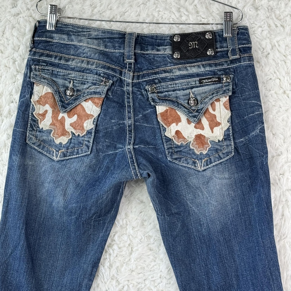 Miss Me Jeans Size 31 Blue Bootcut Distressed Rhinestone Cowhide Pocket Y2K FLAW - Picture 9 of 12